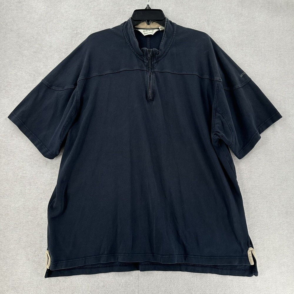 Vintage Orvis Organic Cotton 1/4 Zip Black‎ Short Sleeve Thick Shirt Mens XXL